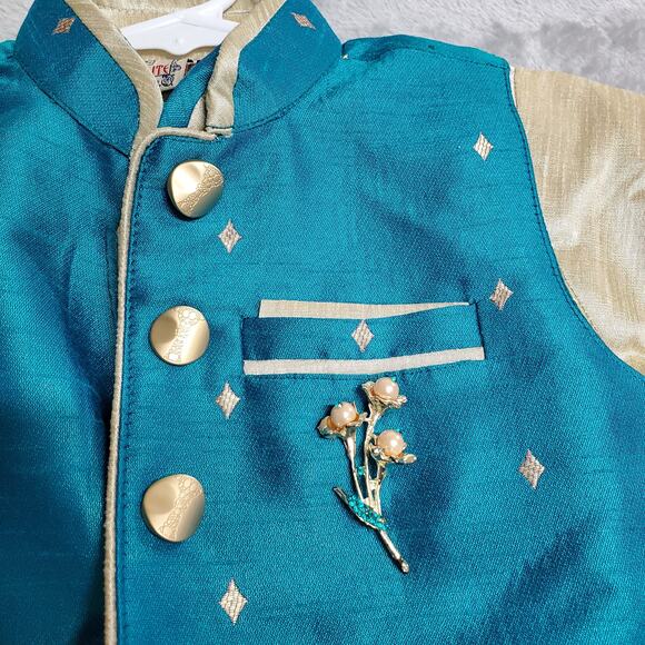 Kurta Suit Jacket & Vest Boys 2 Blue Turqoise Gold Button Front Wedding Indian - Picture 14 of 16